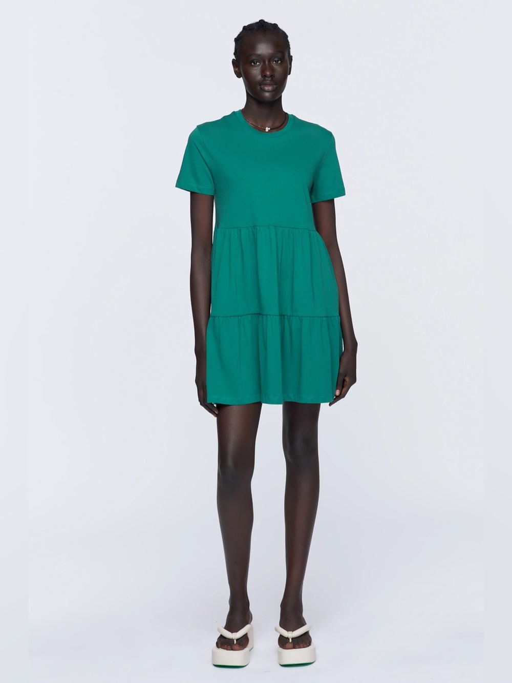 KOTN Green Short Tiered Jersey Babydoll Dress Size Small 100% Egyptian Cotton